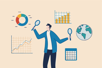 Business analysis, calculate or research for market growth, financial report, investment data or sale information concept, smart businessman analyst holding magnifying glass analyze graph and chart.