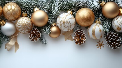 Festive Holiday Display: Elegant Gold, White, and Pinecone Ornaments with Snowy Evergreen Branches on White Background
