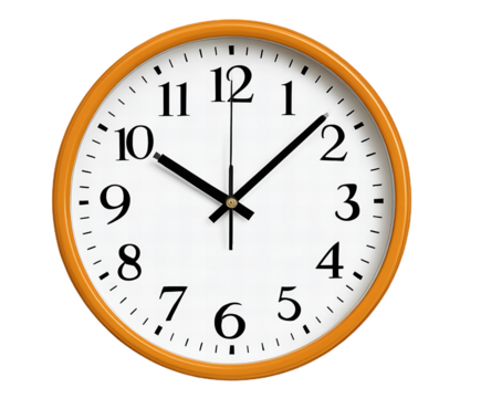 Orange Circular Clock Showing Time With Black Hands On White Face Against Transparent Background