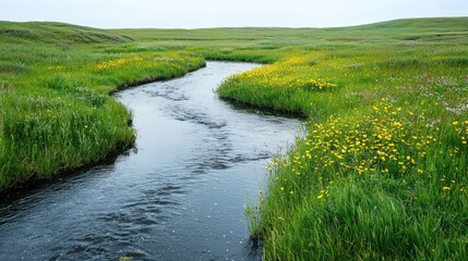 Fototapeta premium Peaceful winding river through grassy meadows with scattered wildflowers on white surface.