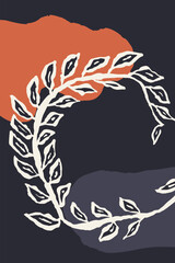 Poster or card with ink brush abstract sketch leaves and organic shapes background. Minimalist floral composition for cover, wall art or brochure design. Vector illustration