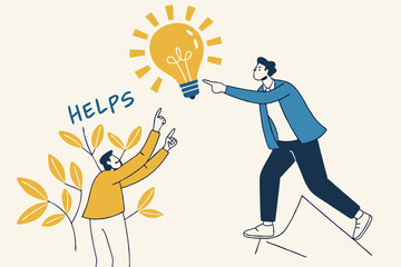 Helpful tips for business, useful ideas or smart trick to success, advice or suggestion information for improvement concept, smart businessman holding lightbulb ideas balloon telling helpful tips.