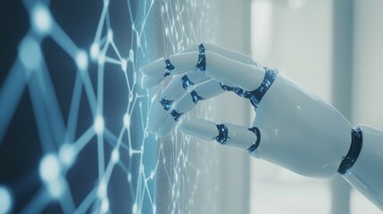 Futuristic robot hand interacting with digital network interface.