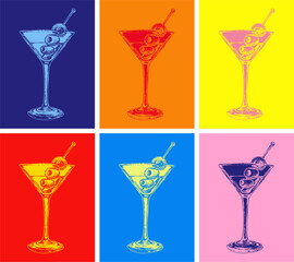Set of Colored Martini Cocktails with Olives Vector Illustration