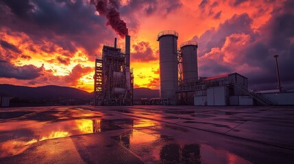 Silhouetted asphalt plant structures under a fiery red sunset with dramatic cloud formations