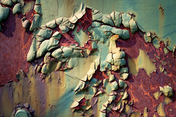 Weathered background with decoratively peeling paint. Green remnants of an old coat of paint, including rusty iron or steel. Contrasting sunlight. Surface of a forgotten railroad car.