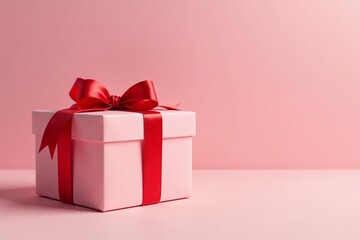 Fototapeta premium Dainty present box adorned with red ribbon and bow on clean backdrop, Red, Present, Clean