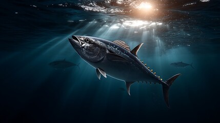 Fototapeta premium Yellowfin tuna school underwater photography in deep sea ocean wildlife scene with sunlight and marine life