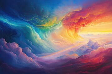Vibrant swirl of colors in a dramatic sky at sunset over distant mountains and clouds