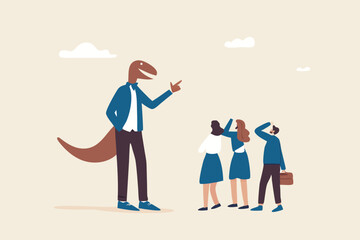 Corporate dinosaur, outdated boss refusing to change anything, bad leader or office ancient problem concept, funny dinosaur raptor businessman senior management talking with colleagues in the office.