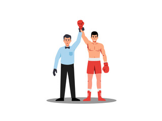 Illustration of a boxing referee raising a victorious boxer's hand after winning a match. Concept of sports competition, achievement, success, and athletic celebration.