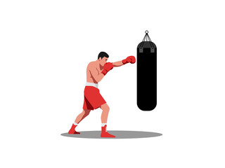 A muscular man in red boxing shorts and gloves punches a black heavy bag. He's focused and in motion, showcasing a boxing workout.
