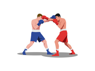 Two muscular boxers, one in blue shorts and gloves, the other in red, clash in a boxing match. They are actively punching and engaged in a competitive fight, showcasing the intensity of the sport.