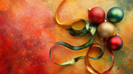 Sparkling ornaments and ribbons in shades of red, green, and gold, placed on a colorful background