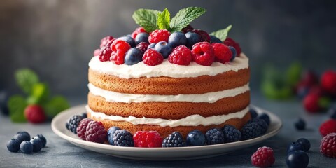 Layered berry cake topped with fresh raspberries, blueberries, and mint leaves on a simple plate in a cozy kitchen setting during midday