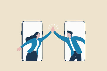 Virtual hi five for success collaboration, remote working or online greeting for business achievement, online video conference concept, happy businessman and businesswoman hi five from mobile phone.