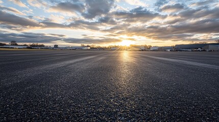 Sunset light catching on metallic surfaces of a sprawling asphalt facility, sky filled with soft clouds