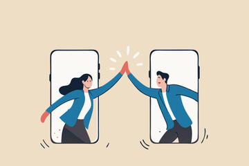 Virtual hi five for success collaboration, remote working or online greeting for business achievement, online video conference concept, happy businessman and businesswoman hi five from mobile phone. © Sector30