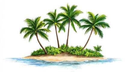Fototapeta premium Picturesque islands with dense palm vegetation and sandy coastlines on white background.