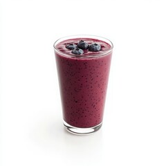 A refreshing glass of berry smoothie topped with fresh blueberries, set against a clean white background, perfect for health and wellness promotions or food blogs
