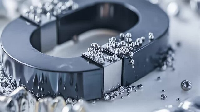 Horseshoe magnet attracts shiny metal spheres demonstrating magnetic force field and polarity up close