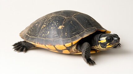 Fototapeta premium Turtle carefully emerging from its shell, set against a solid, soft-colored background