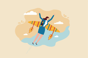 Success booster or accelerate career growth, woman power or lady leadership, speed up working progress or boost work ambition concept, confident businesswoman flying rocket booster or jetpack engine.
