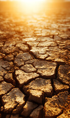 Arid landscape showcasing cracked earth texture with golden light reflecting dry environment