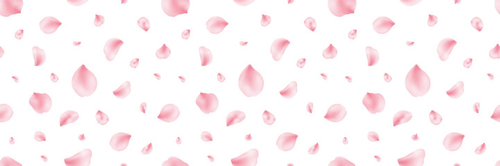 Japan flower long seamless pattern. Spring cherry blossom frame. Sakura petal flying banner. Cosmetic beauty product. Natural decoration. Pink rose. Spa frame. Valentine card. Vector illustration