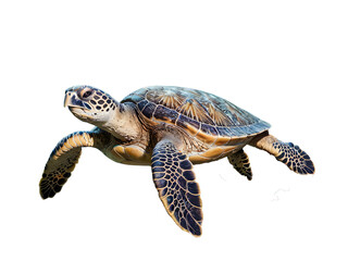 A green sea turtle, an aquatic reptile with a patterned shell, rests on a white rock