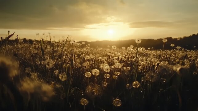Wide open dandelion field with seeds flying gently across golden sunset skies, warm breeze blowing