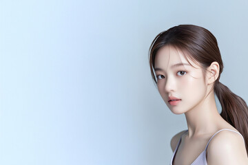 Fototapeta premium 동안 미모 여성의 피부 관리 및 화장품 포트레이트 Portrait of a Woman with Youthful Beauty Focused on Skincare and Cosmetics
