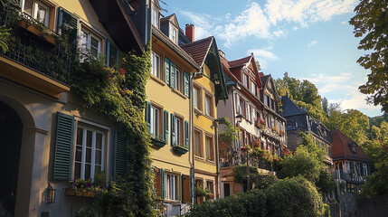 Charming row of stylish homes with mixed material facades and lush greenery