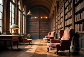 Generative AI A lavish library with inviting armchairs bathed in soft light