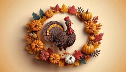 Fototapeta premium Thanksgiving Turkey Decorated with Autumn Leaves Pumpkins and a Wreath Perfect for Festive Holiday Greetings