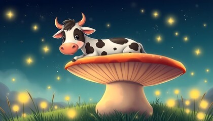 Cartoon Cow Resting on Giant Mushroom in Enchanted Night Meadow