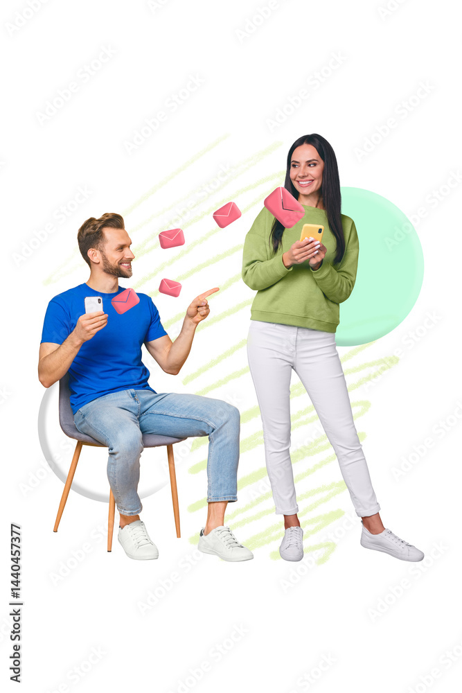 Poster poster banner creative collage of two people bloggers browsing dating website chatting sending lette