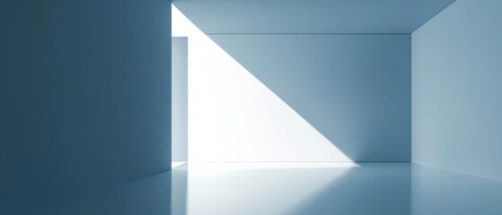 Fototapeta premium Minimalist blue room interior with bright sunlight shining through doorway, creating geometric shapes and shadows Concept of architecture, design, and serenity