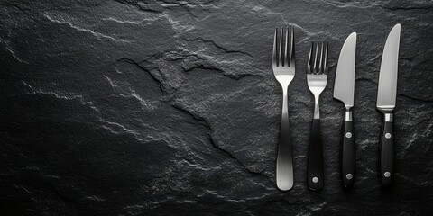Elegant dining cutlery arranged on a textured black stone surface for an upscale meal preparation