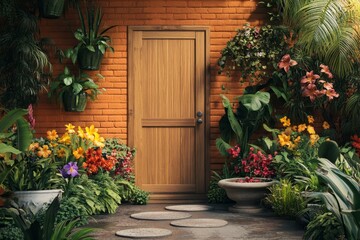 Fototapeta premium A tropical garden entrance with a wooden door.