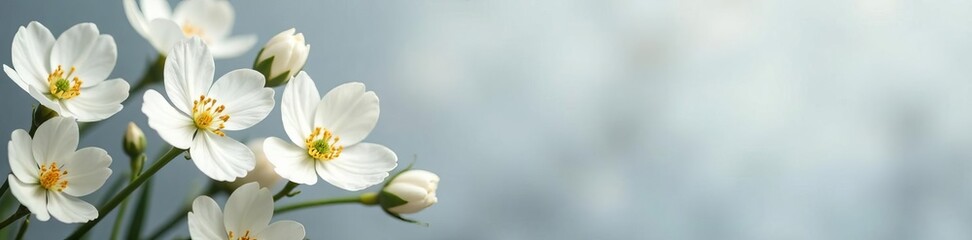Delicate white flowers beautifully contrast against grey background, peaceful, serene, elegant