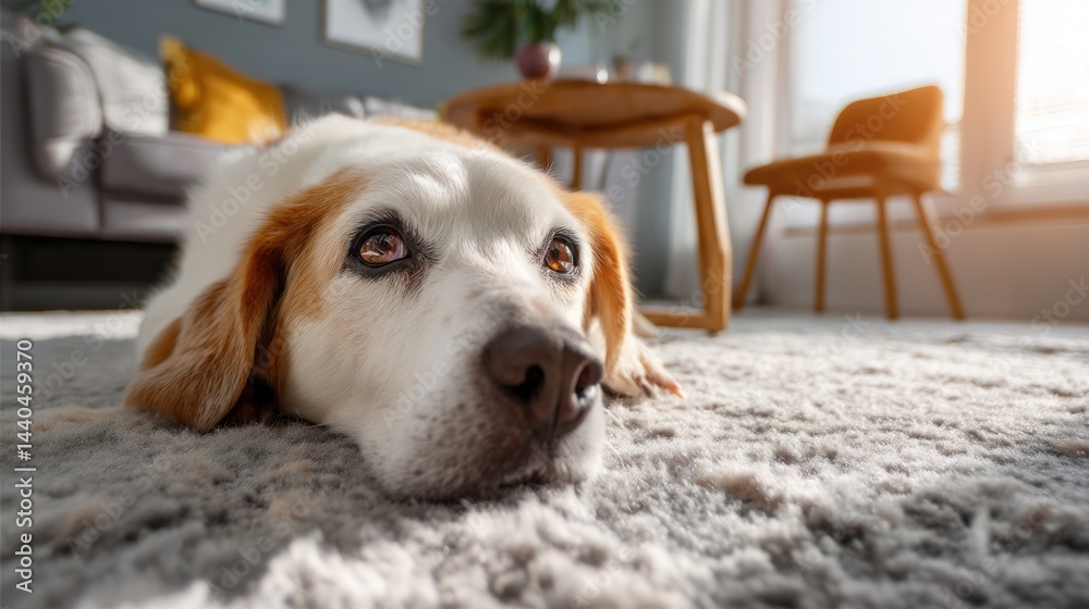 Poster a joyful dog rests comfortably on a soft rug in a modern living room. sunlight streams through the w