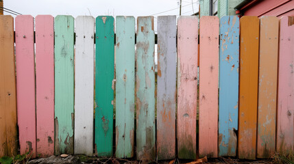 Colorful weathered wooden fence with peeling paint and rustic texture outdoors