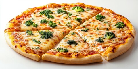 Delicious cheesy pizza with fresh broccoli toppings served on a white background