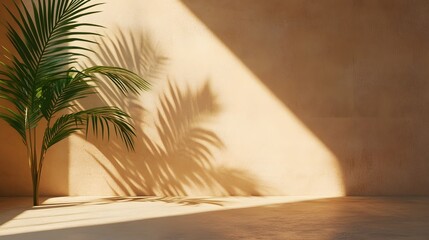 Overlapping Shadows of Tropical Palm Leaves on Beige Wall in Natural Light long_title:Overlapping shadows of lush green tropical palm leaves casting