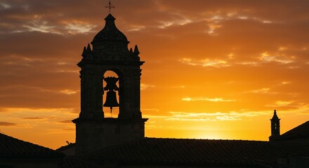 Silhouette of a stone church bell tower against a vibrant sunset sky. Serene scene.