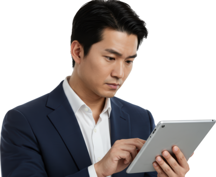 Focused Asian Businessman Engaging with Digital Tablet - Powered by Adobe