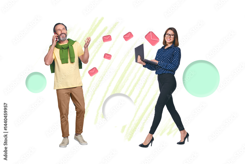 Poster poster banner collage of business team have distance talking by calling cell smart gadget sending le