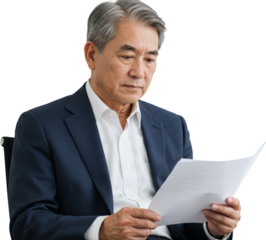Focused Asian Businessman in Suit Reviewing Documents with Serious Expression