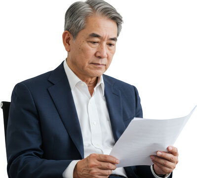 Focused Asian Businessman in Suit Reviewing Documents with Serious Expression